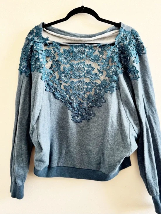 ANTHROPOLOGIE Lace Applique Blue Crewneck Sweater Meadow Rue Lightweight - Picture 1 of 7